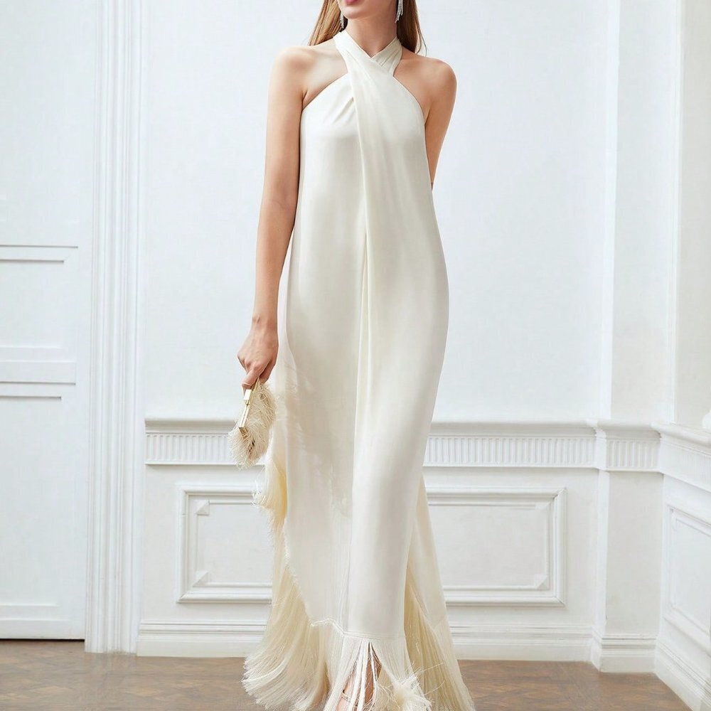 BEIGE PREPPY WOMENS FRINGE HEM CROSS HALTER DRESS